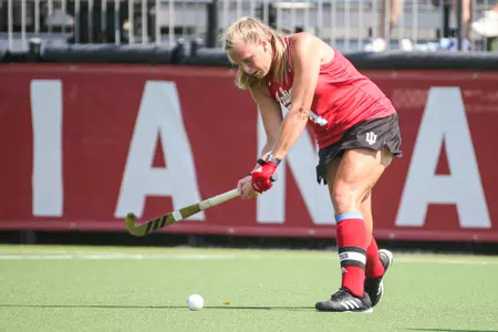 BLOOMINGTON, IN - September 18, 2022 - defender Sydney Keld #4 of the Indiana Hoosiers during the game between the Longwood Lancers and the Indiana Hoosiers at IU Field Hockey Complex in Bloomington, IN. Photo By Kamaron Farver/Indiana Athletics