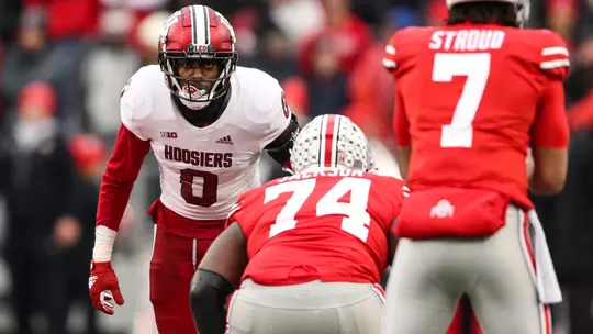 COLUMBUS, OH - November 12, 2022 - linebacker Dasan McCullough #0 of the Indiana Hoosiers during the game between the Ohio State Buckeyes and the Indiana Hoosiers at Ohio Stadium in Columbus, OH. Photo By Sammy Nance/Indiana Athletics