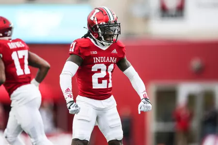 BLOOMINGTON, IN - November 26, 2022 - defensive back Noah Pierre #21 of the Indiana Hoosiers during the game between the Purdue Boilermakers and the Indiana Hoosiers at Memorial Stadium in Bloomington, IN. Photo By Pearson Georges/Indiana Athletics
