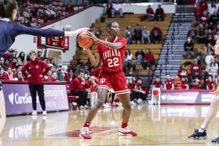 BLOOMINGTON, IN - November 20, 2022 - guard Chloe Moore-McNeil #22 of the Indiana Hoosiers during the game between the Quinnipiac University Bobcats and the Indiana Hoosiers at Simon Skjodt Assembly Hall in Bloomington, IN. Photo By Gracie Farrall\Indiana Athletics