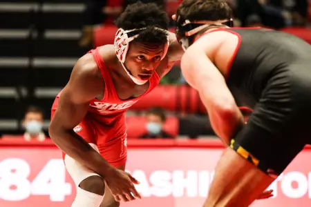 BLOOMINGTON, IN - January 21, 2022 - DJ Washington during the match between the Maryland Terrapins and the Indiana Hoosiers at Wilkinson Hall in Bloomington, IN. Photo By Sammy Nance