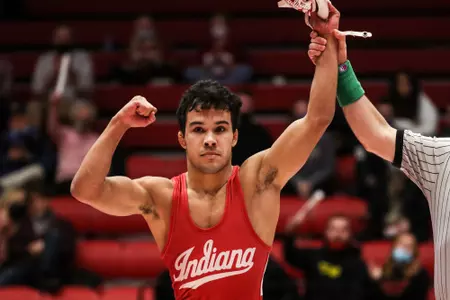 BLOOMINGTON, IN - January 21, 2022 - Jacob Moran during the match between the Maryland Terrapins and the Indiana Hoosiers at Wilkinson Hall in Bloomington, IN. Photo By Sammy Nance