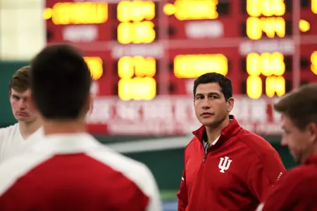 BLOOMINGTON, IN - APRIL 14, 2019 - Head Coach Jeremy Wurtzman of the Indiana Hoosiers during the game against the Iowa Hawkeyes and the Indiana Hoosiers at the Indiana University Tennis Center in Bloomington, IN. Photo By Carter Waldron/Indiana Athletics