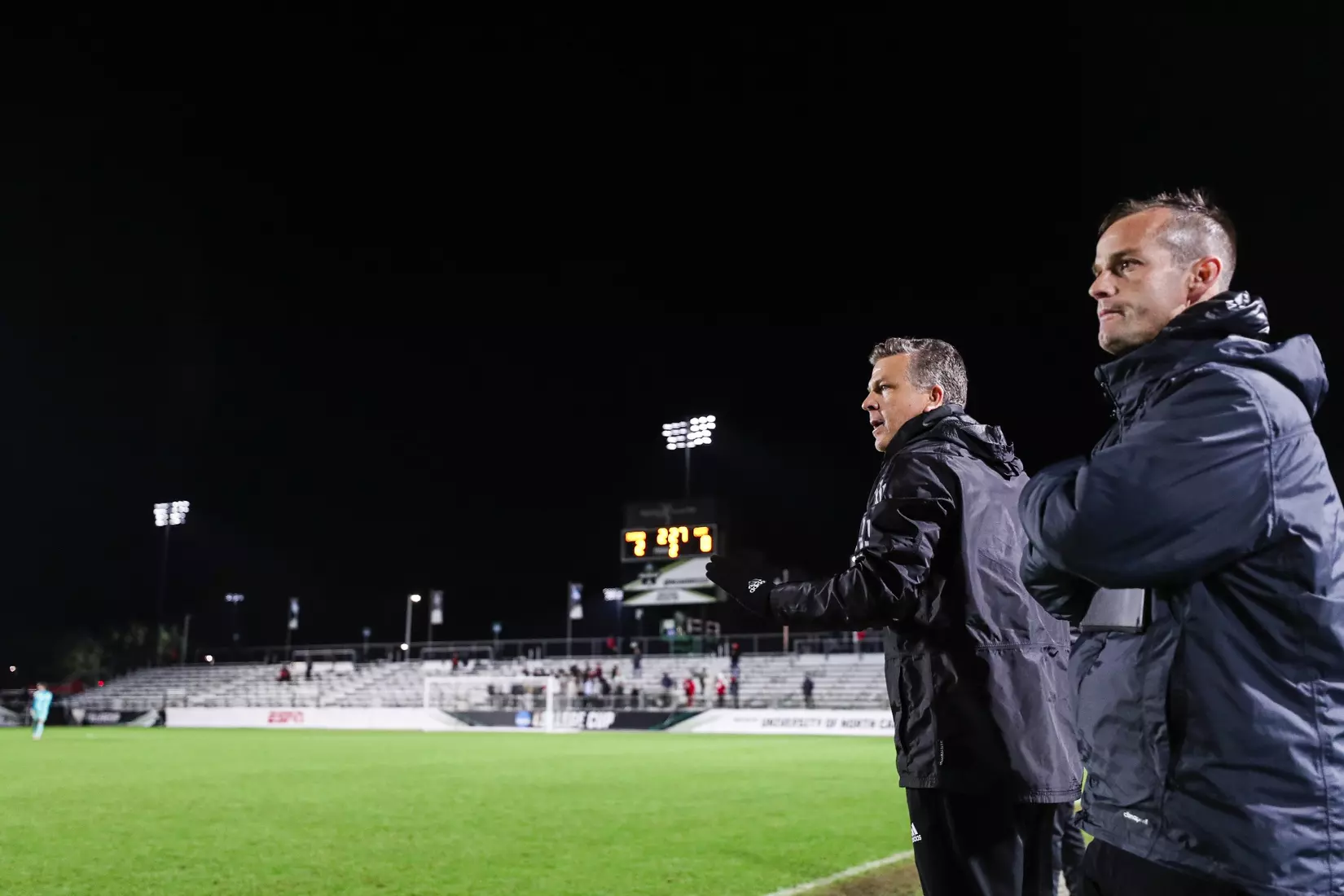 BLOOMINGTON, IN - December 09, 2022 - Indiana Hoosiers Assistant Coach and Recruiting Coordinator Kevin Robson and Indiana Hoosiers Head Coach Todd Yeagley during the game against the Pittsburgh Panthers at WakeMed Stadium in Cary, NC. Photo By \CXD#2\