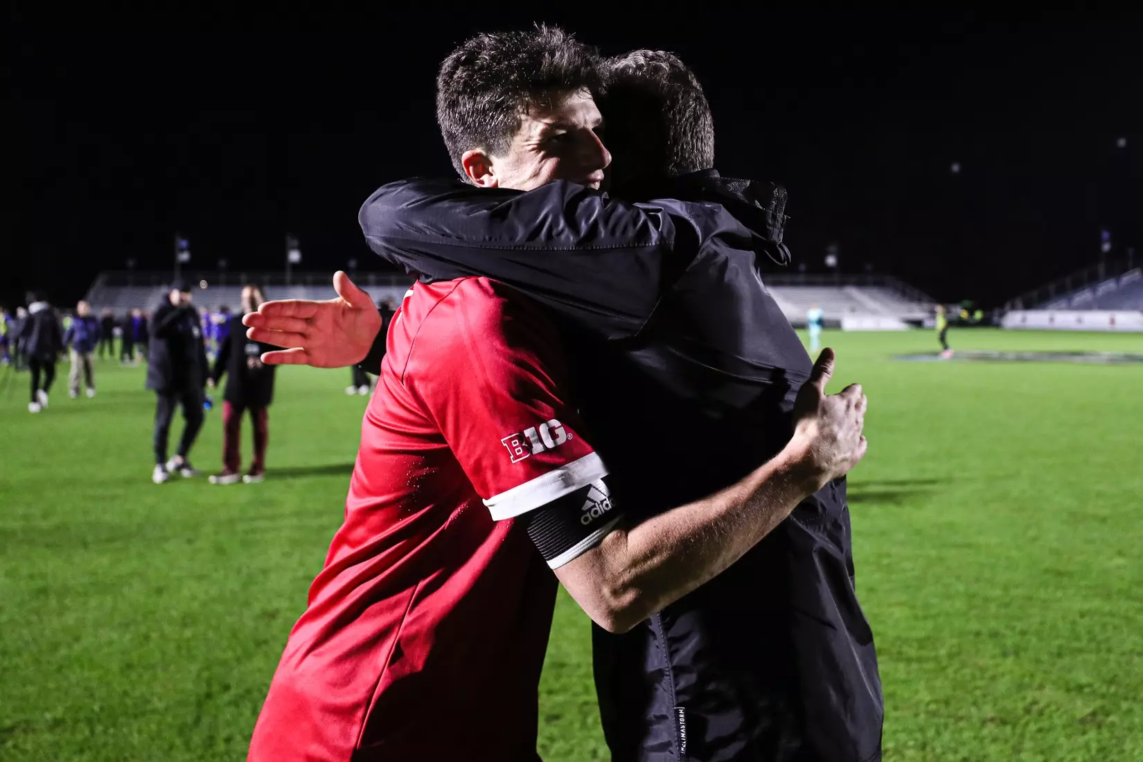 BLOOMINGTON, IN - December 09, 2022 - defender Daniel Munie #5 of the Indiana Hoosiers and Indiana Hoosiers Assistant Coach and Recruiting Coordinator Kevin Robson during the game against the Pittsburgh Panthers at WakeMed Stadium in Cary, NC. Photo By \CXD#2\
