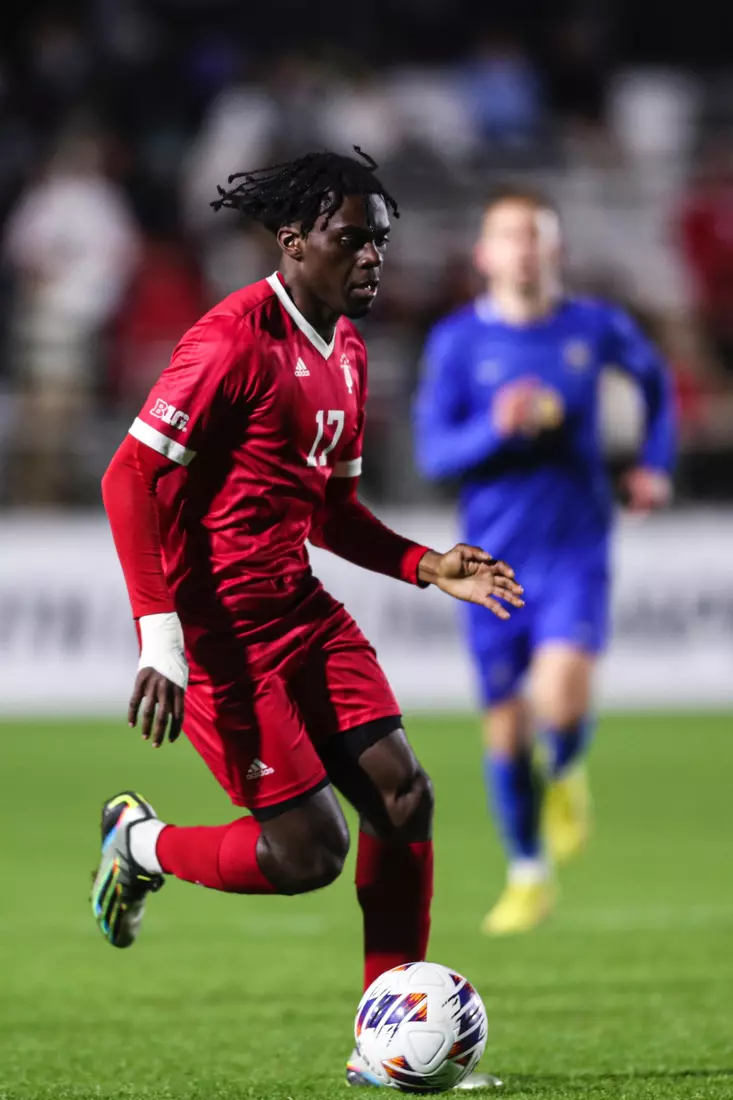 BLOOMINGTON, IN - December 09, 2022 - forward Herbert Endeley #17 of the Indiana Hoosiers during the game against the Pittsburgh Panthers at WakeMed Stadium in Cary, NC. Photo By \CXD#2\
