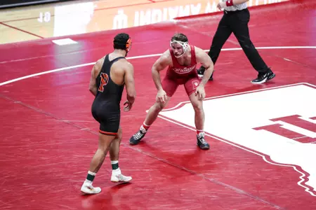 BLOOMINGTON, IN - November 18, 2022 - Jacob Kaminski during the meet between the Princeton Tigers and the Indiana Hoosiers at Assembly Hall in Bloomington, IN. Photo By Sammy Nance/Indiana Athletics