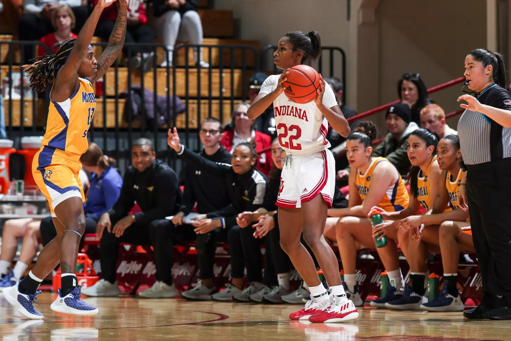BLOOMINGTON, IN - December 18, 2022 - guard Chloe Moore-McNeil #22 of the Indiana Hoosiers during the game between the Morehead State Eagles and the Indiana Hoosiers at Simon Skjodt Assembly Hall in Bloomington, IN. Photo By Andrew Mascharka/Indiana Athletics