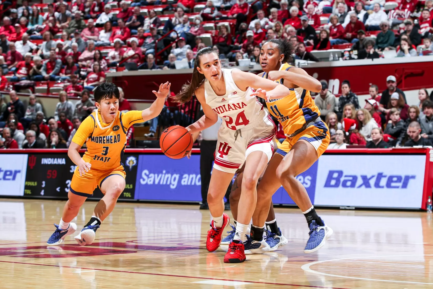 BLOOMINGTON, IN - December 18, 2022 - forward Mona Zaric #24 of the Indiana Hoosiers during the game between the Morehead State Eagles and the Indiana Hoosiers at Simon Skjodt Assembly Hall in Bloomington, IN. Photo By Andrew Mascharka/Indiana Athletics