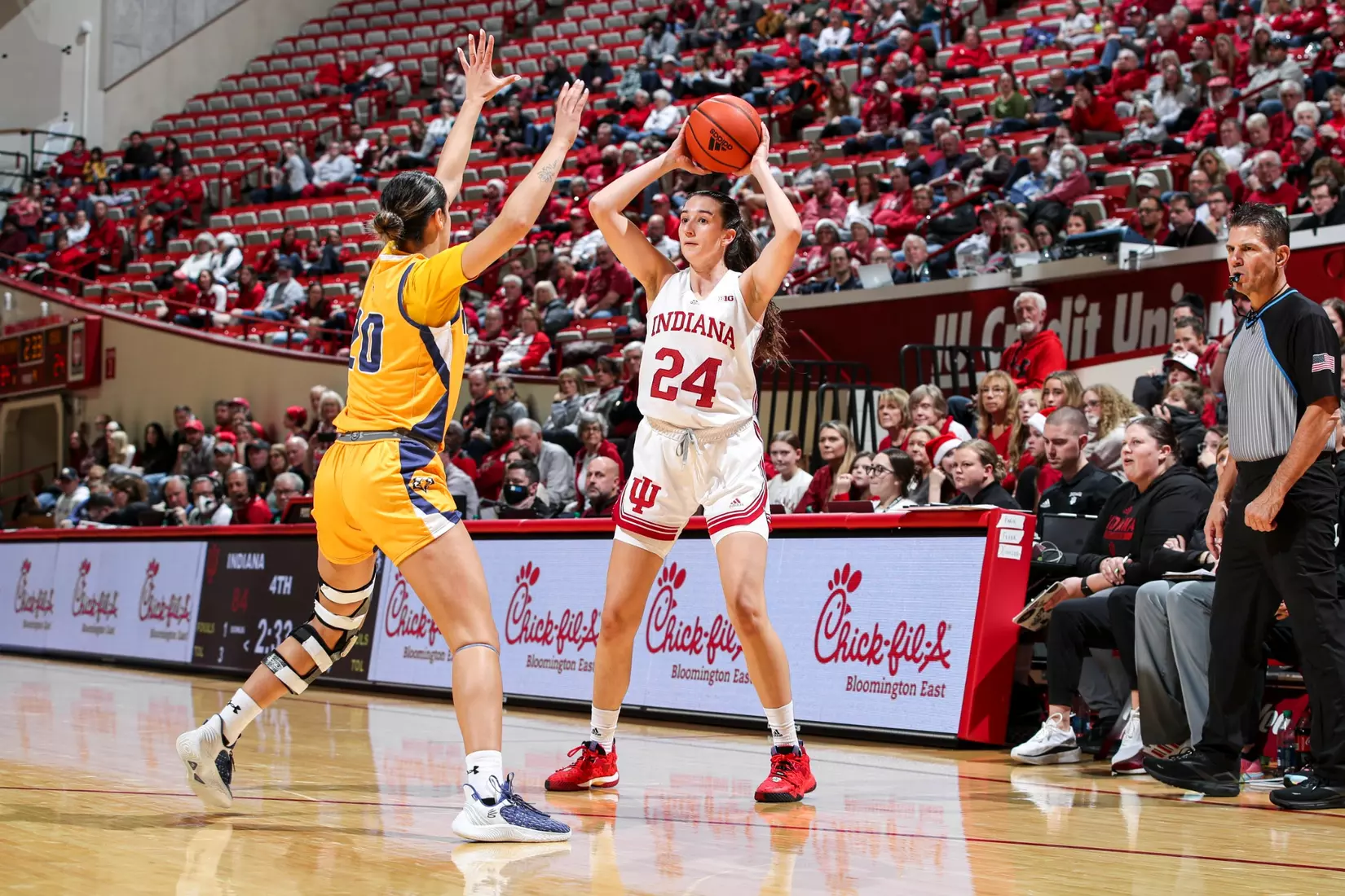 BLOOMINGTON, IN - December 18, 2022 - forward Mona Zaric #24 of the Indiana Hoosiers during the game between the Morehead State Eagles and the Indiana Hoosiers at Simon Skjodt Assembly Hall in Bloomington, IN. Photo By Andrew Mascharka/Indiana Athletics