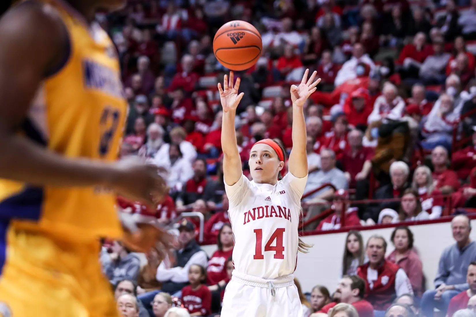 BLOOMINGTON, IN - December 18, 2022 - guard Sara Scalia #14 of the Indiana Hoosiers during the game between the Morehead State Eagles and the Indiana Hoosiers at Simon Skjodt Assembly Hall in Bloomington, IN. Photo By Pearson Georges/Indiana Athletics
