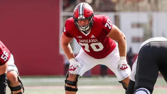 BLOOMINGTON, IN - September 17, 2022 - offensive lineman Luke Haggard #70 of the Indiana Hoosiers during the game between the Western Kentucky Hill Toppers and the Indiana Hoosiers at Memorial Stadium in Bloomington, IN. Photo By Gracie Farrall\Indiana Athletics