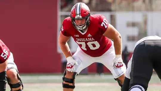 BLOOMINGTON, IN - September 17, 2022 - offensive lineman Luke Haggard #70 of the Indiana Hoosiers during the game between the Western Kentucky Hill Toppers and the Indiana Hoosiers at Memorial Stadium in Bloomington, IN. Photo By Gracie Farrall\Indiana Athletics