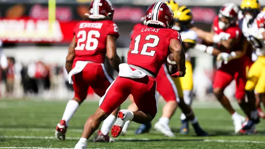 BLOOMINGTON, IN - October 08, 2022 - running back Jaylin Lucas #12 of the Indiana Hoosiers during the game between the Michigan Wolverines and the Indiana Hoosiers at Memorial Stadium in Bloomington, IN. Photo By Sammy Nance\Indiana Athletics