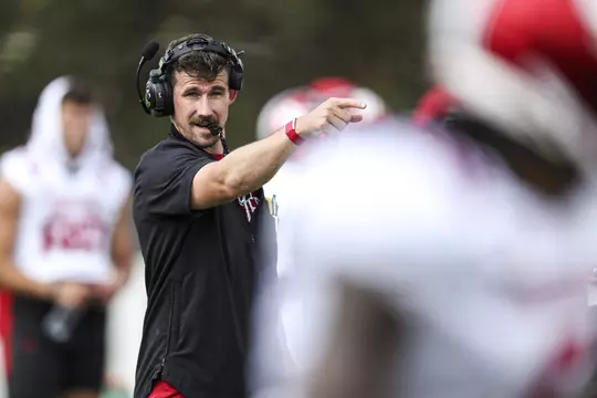 BLOOMINGTON, IN - AUGUST 10, 2022 - Indiana Hoosiers Offensive Coordinator and Quarterbacks Coach Walt Bell during practice and the Indiana Hoosiers at Mellencamp Field in Bloomington, IN. Photo By Andrew Mascharka/Indiana Athletics