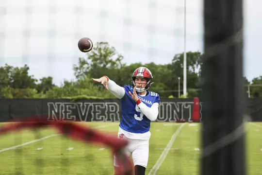 BLOOMINGTON, IN - August 02, 2022 - quarterback Connor Bazelak #9 of the Indiana Hoosiers during Fall Camp at John Mellencamp Pavillion in Bloomington, IN. Photo ByGracie Farrall\Indiana Athletics