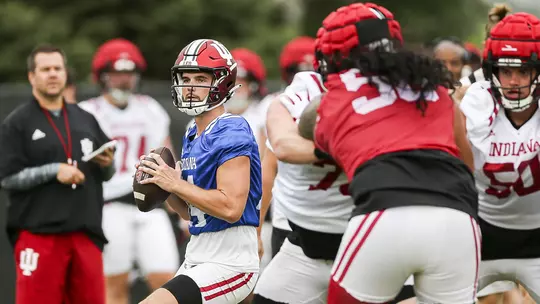 BLOOMINGTON, IN - August 02, 2022 - quarterback Jack Tuttle #14 of the Indiana Hoosiers during Fall Camp at John Mellencamp Pavillion in Bloomington, IN. Photo ByGracie Farrall\Indiana Athletics