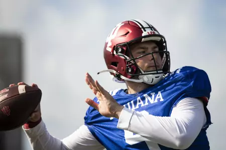 BLOOMINGTON, IN - August 08, 2022 - quarterback Connor Bazelak #9 of the Indiana Hoosiers during Fall Camp at John Mellencamp Pavillion in Bloomington, IN. Photo By \CXD#2\