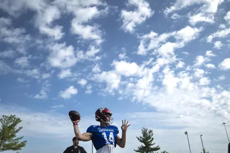 BLOOMINGTON, IN - August 08, 2022 - quarterback Jack Tuttle #14 of the Indiana Hoosiers during Fall Camp at John Mellencamp Pavillion in Bloomington, IN. Photo By \CXD#2\