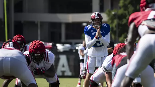 BLOOMINGTON, IN - August 08, 2022 - quarterback Connor Bazelak #9 of the Indiana Hoosiers during Fall Camp at John Mellencamp Pavillion in Bloomington, IN. Photo By \CXD#2\