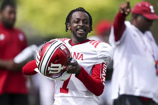 BLOOMINGTON, IN - AUGUST 10, 2022 - wide receiver D.J. Matthews Jr. #7 of the Indiana Hoosiers  during practice and the Indiana Hoosiers at Mellencamp Field in Bloomington, IN. Photo By Andrew Mascharka/Indiana Athletics