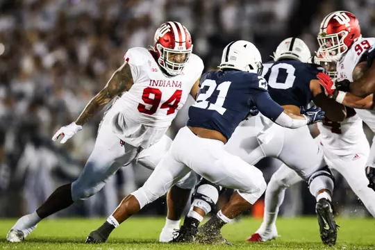 STATE COLLEGE, PA - OCTOBER 02, 2021 - defensive lineman Demarcus Elliott #94 of the Indiana Hoosiers during the game between the Penn State Nittany Lions and the Indiana Hoosiers at Beaver Stadium in State College, PA. Photo By Xavier Daniels