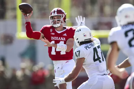 BLOOMINGTON, IN - OCTOBER 16, 2021 - quarterback Jack Tuttle #14 of the Indiana Hoosiers during the game between the Michigan State Spartans and the Indiana Hoosiers at Memorial Stadium in Bloomington, IN. Photo By Xavier Daniels/Indiana Athletics