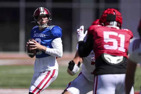 BLOOMINGTON, IN - AUGUST 12, 2022 - quarterback Connor Bazelak #9 of the Indiana Hoosiers during practice and the Indiana Hoosiers at Mellencamp Field in Bloomington, IN. Photo By Andrew Mascharka/Indiana Athletics