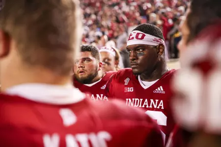 BLOOMINGTON, IN - OCTOBER 23, 2021 - offensive lineman Matthew Bedford #76 of the Indiana Hoosiers during the game between the Ohio State Buckeyes and the Indiana Hoosiers at Memorial Stadium in Bloomington, IN. Photo By Chris Conaway/Indiana Athletics
