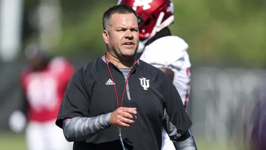 BLOOMINGTON, IN - AUGUST 11, 2022 - Indiana Hoosiers Special Teams Coordinator and Outside Linebackers Coach Kasey Teegardin during practice and the Indiana Hoosiers at Mellencamp Field in Bloomington, IN. Photo By Andrew Mascharka/Indiana Athletics