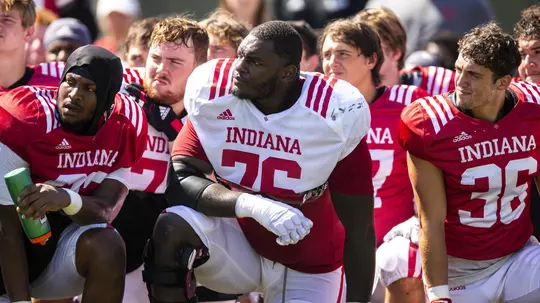 BLOOMINGTON, IN - August 17, 2022 - offensive lineman Matthew Bedford #76 of the Indiana Hoosiers during Fall Camp at John Mellencamp Pavillion in Bloomington, IN. Photo By Gracie Farrall\Indiana Athletics
