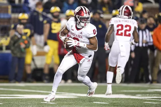 ANN ARBOR, MI - NOVEMBER 06, 2021 - quarterback Donaven McCulley #0 of the Indiana Hoosiers during the game between the Michigan Wolverines and the Indiana Hoosiers at Michigan Stadium in Ann Arbor, MI. Photo By Andrew Mascharka/Indiana Athletics