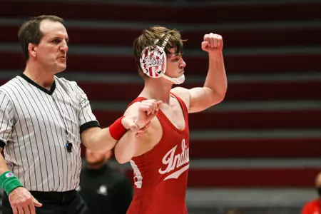 BLOOMINGTON, IN - JANUARY 29, 2022 - Graham Rooks during the match between the Purdue Boilermakers and the Indiana Hoosiers at Wilkinson Hall in Bloomington, IN. Photo By Andrew Sammy Nance/Indiana Athletics