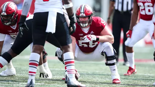BLOOMINGTON, IN - SEPTEMBER 17, 2022 - offensive lineman Caleb Murphy #55 of the Indiana Hoosiers during the game between the Western Kentucky Hilltoppers and the Indiana Hoosiers at Memorial Stadium in Bloomington, IN. Photo By Andrew Mascharka/Indiana Athletics