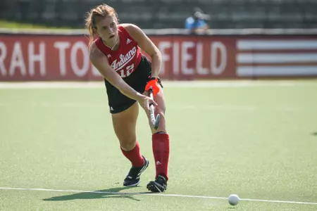 BLOOMINGTON, IN - September 18, 2022 - midfielder Jule Hufer #12 of the Indiana Hoosiers during the game between the Longwood Lancers and the Indiana Hoosiers at IU Field Hockey Complex in Bloomington, IN. Photo By Kamaron Farver/Indiana Athletics