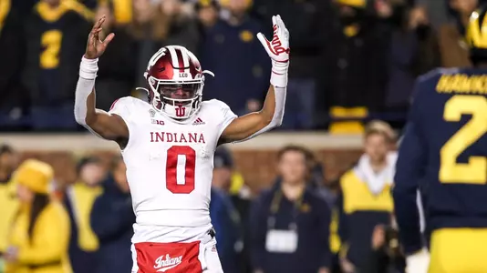 ANN ARBOR, MI - NOVEMBER 06, 2021 - quarterback Donaven McCulley #0 of the Indiana Hoosiers during the game between the Michigan Wolverines and the Indiana Hoosiers at Michigan Stadium in Ann Arbor, MI. Photo By Andrew Mascharka/Indiana Athletics
