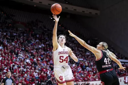 BLOOMINGTON, IN - January 01, 2023 - forward Mackenzie Holmes #54 of the Indiana Hoosiers during the game between the Nebraska Cornhuskers and the Indiana Hoosiers at Simon Skjodt Assembly Hall in Bloomington, IN. Photo By Gracie Farrall\Indiana Athletics