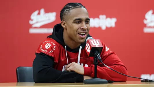 BLOOMINGTON, IN - January 14, 2023 - running back Jaylin Lucas #12 of the Indiana Hoosiers during a press conference at Memorial Stadium in Bloomington, IN. Photo By Gracie Farrall\Indiana University