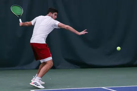 BLOOMINGTON, IN - JANUARY 15, 2023 - Sam Landau during the match between the Toledo Rockets and the Indiana Hoosiers at the Indiana University Tennis Center in Bloomington, IN. Photo By Pearson Georges\Indiana Athletics