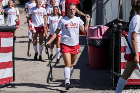BLOOMINGTON, IN - September 30, 2022 - forward Amanda Frank #20 of the Indiana Hoosiers during the game between the Rutgers Scarlett Knights and the Indiana Hoosiers at IU Field Hockey Complex in Bloomington, IN. Photo By Chris Conaway