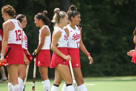 BLOOMINGTON, IN - August 28, 2022 - defender Gabriella Cicuto #17 of the Indiana Hoosiers and forward Jemima Cookson #1 of the Indiana Hoosiers during the game between the Liberty University Flames and the Indiana Hoosiers at IU Field Hockey Complex in Bloomington, IN. Photo By Lauren Mervar/Indiana Athletics