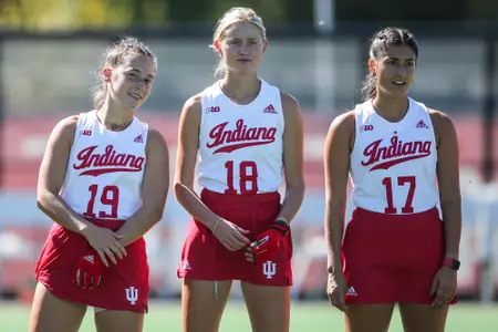 BLOOMINGTON, IN - September 30, 2022 - defender Taylor Etling #19, midfielder Meredith Lee #18, and defender Gabriella Cicuto #17 of the Indiana Hoosiers during the game between the Rutgers Scarlett Knights and the Indiana Hoosiers at IU Field Hockey Complex in Bloomington, IN. Photo By Chris Conaway