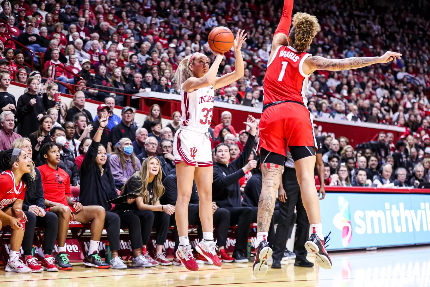 BLOOMINGTON, IN - January 26, 2023 - guard Sydney Parrish #33 of the Indiana Hoosiers during the game between the Ohio State Buckeyes and the Indiana Hoosiers at Simon Skjodt Assembly Hall in Bloomington, IN. Photo By \GEC#2\