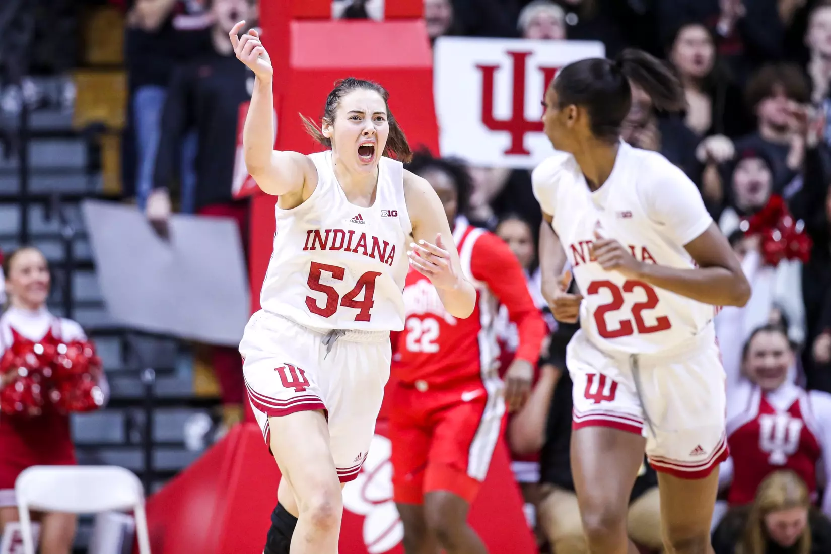 BLOOMINGTON, IN - January 26, 2023 - forward Mackenzie Holmes #54 of the Indiana Hoosiers during the game between the Ohio State Buckeyes and the Indiana Hoosiers at Simon Skjodt Assembly Hall in Bloomington, IN. Photo By \GHF#2\