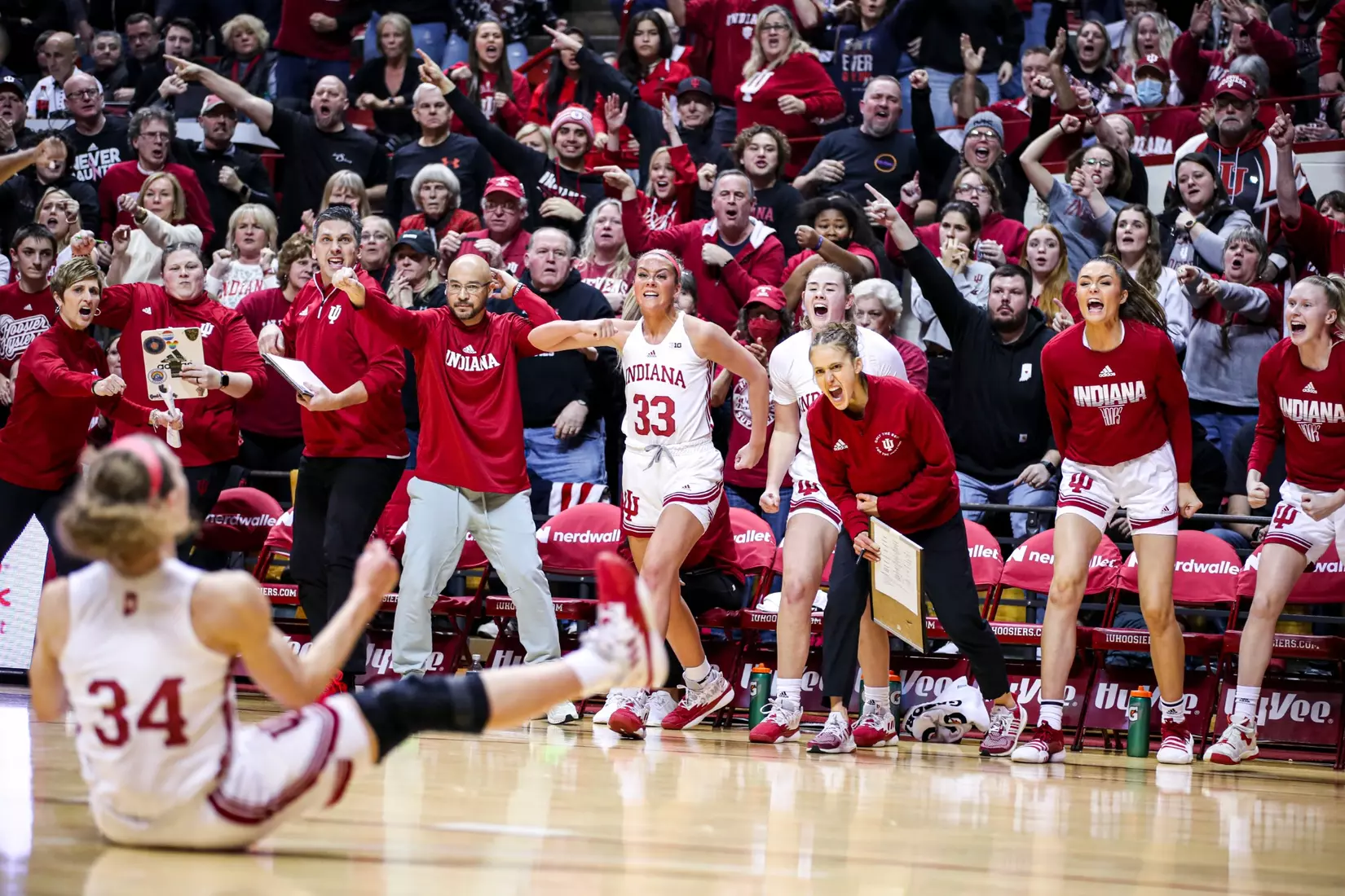 BLOOMINGTON, IN - January 26, 2023 - guard Grace Berger #34 of the Indiana Hoosiers and guard Sydney Parrish #33 of the Indiana Hoosiers during the game between the Ohio State Buckeyes and the Indiana Hoosiers at Simon Skjodt Assembly Hall in Bloomington, IN. Photo By \GHF#2\