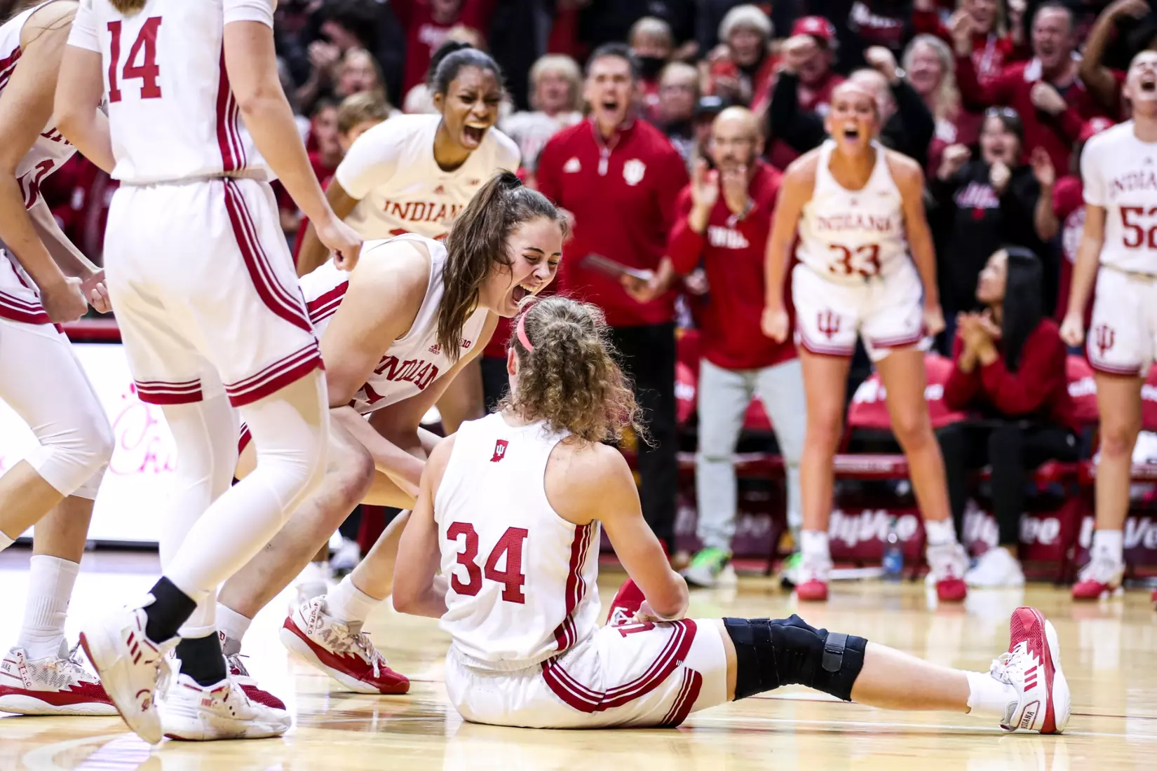 BLOOMINGTON, IN - January 26, 2023 - forward Mackenzie Holmes #54 of the Indiana Hoosiers and guard Grace Berger #34 of the Indiana Hoosiers during the game between the Ohio State Buckeyes and the Indiana Hoosiers at Simon Skjodt Assembly Hall in Bloomington, IN. Photo By \GHF#2\
