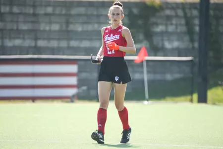 BLOOMINGTON, IN - September 18, 2022 - back Emma Thompson #27 of the Indiana Hoosiers during the game between the Longwood Lancers and the Indiana Hoosiers at IU Field Hockey Complex in Bloomington, IN. Photo By Kamaron Farver/Indiana Athletics
