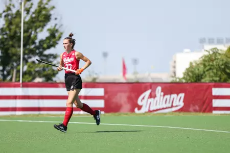 BLOOMINGTON, IN - September 18, 2022 - back Emma Thompson #27 of the Indiana Hoosiers during the game between the Longwood Lancers and the Indiana Hoosiers at IU Field Hockey Complex in Bloomington, IN. Photo By Kamaron Farver/Indiana Athletics