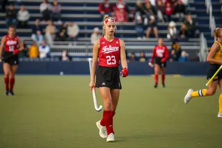 ANN ARBOR, MI - October 14, 2022 - midfielder Lara Mortz #23 of the Indiana Hoosiers during the game between the Michigan Wolverines and the Indiana Hoosiers at Ocker Field in Ann Arbor, MI. Photo By Sammy Nance/Indiana Athletics