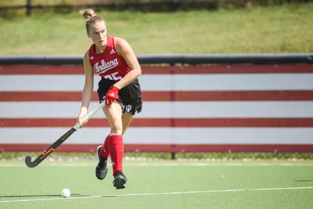 BLOOMINGTON, IN - September 18, 2022 - midfielder Maggie Carter #25 of the Indiana Hoosiers during the game between the Longwood Lancers and the Indiana Hoosiers at IU Field Hockey Complex in Bloomington, IN. Photo By Kamaron Farver/Indiana Athletics